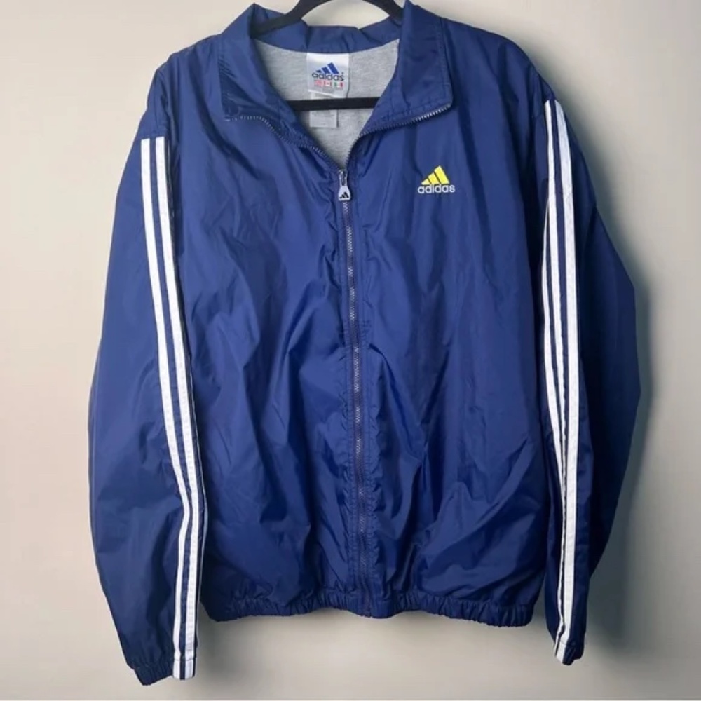Vintage Adidas Windbreaker Jacket Blue Large 3-Stripes Logo Full Zip Retro Y2K